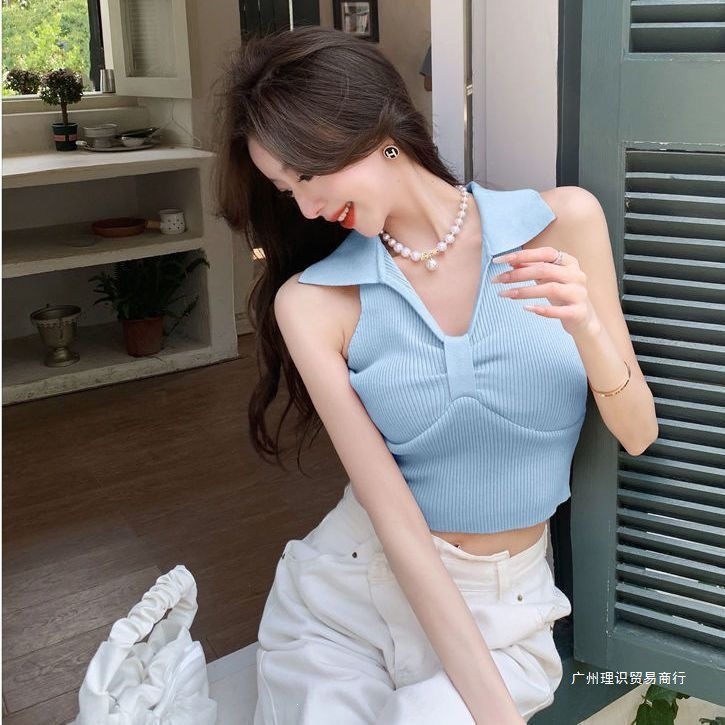 Polo polo colarinho colete de malha estilingue puro desejo estilo camisola feminina verão temperamento gola polo curto s