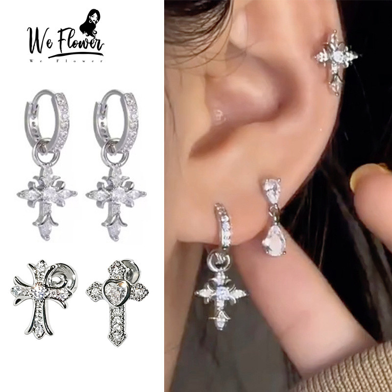 Nós Flor Elegante s925 Prata Espumante Cristal Cruz Piercing Brincos De Argola Para Mulheres Moda Masculina Pendurado Or