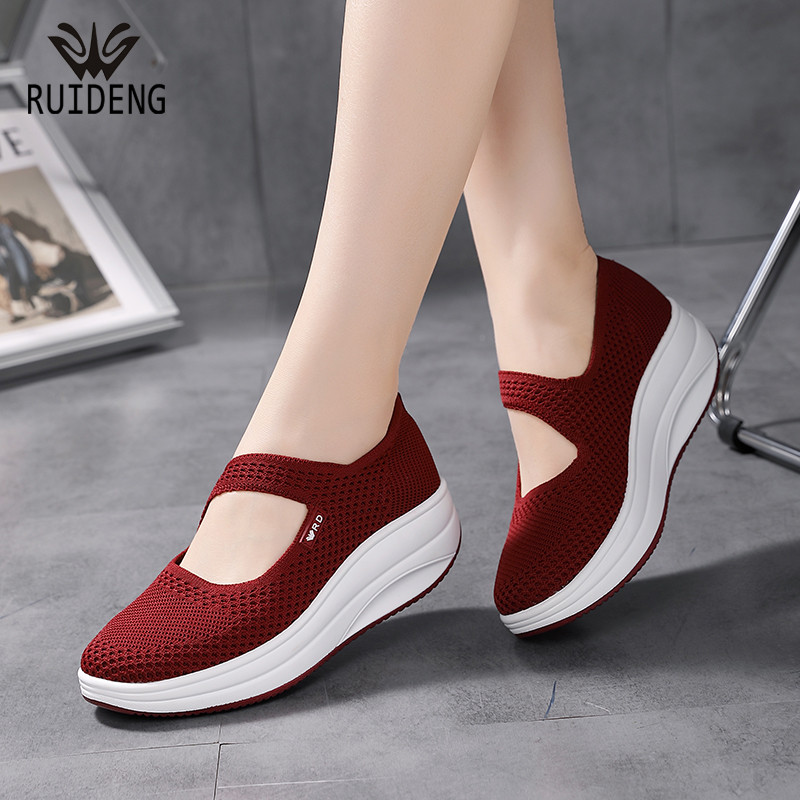 Ruideng capa pé enfermeira sapatos de balanço de sola grossa malha respirável lazer esportes sapatos de viagem feminino 