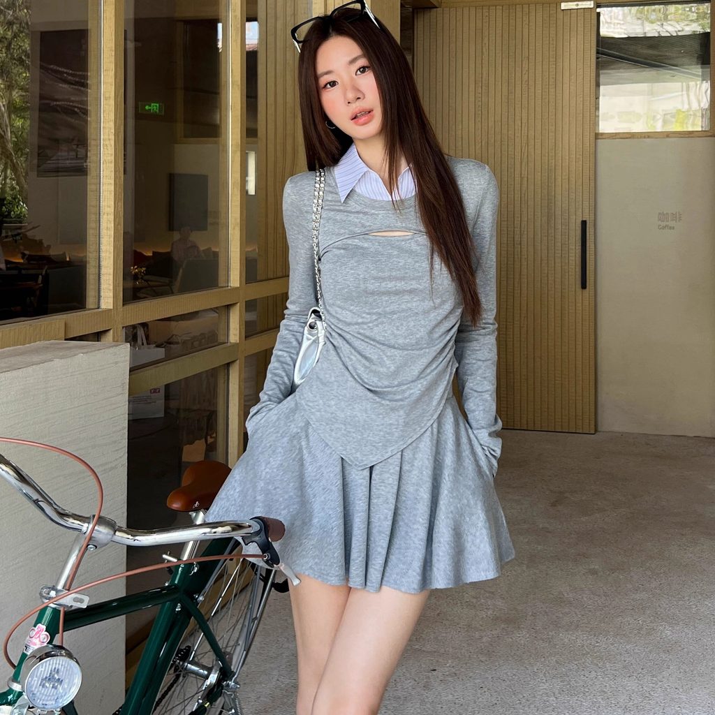 Miu série filha costura gola POLO camisa gola oca pequena camisa saia High-End estilo cinza quente menina terno