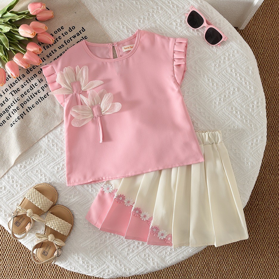 Meninas terno de verão 2026 novo estilo moda bebê menina Design sentir flor colete moda saia plissada venda quente