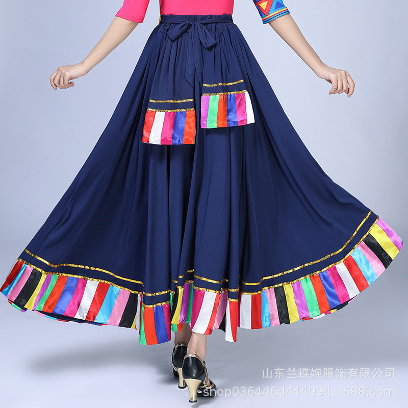 T traje de desempenho de dança tibetana feminino adulto quadrado dança desempenho saia minoria étnica meio comprimento s