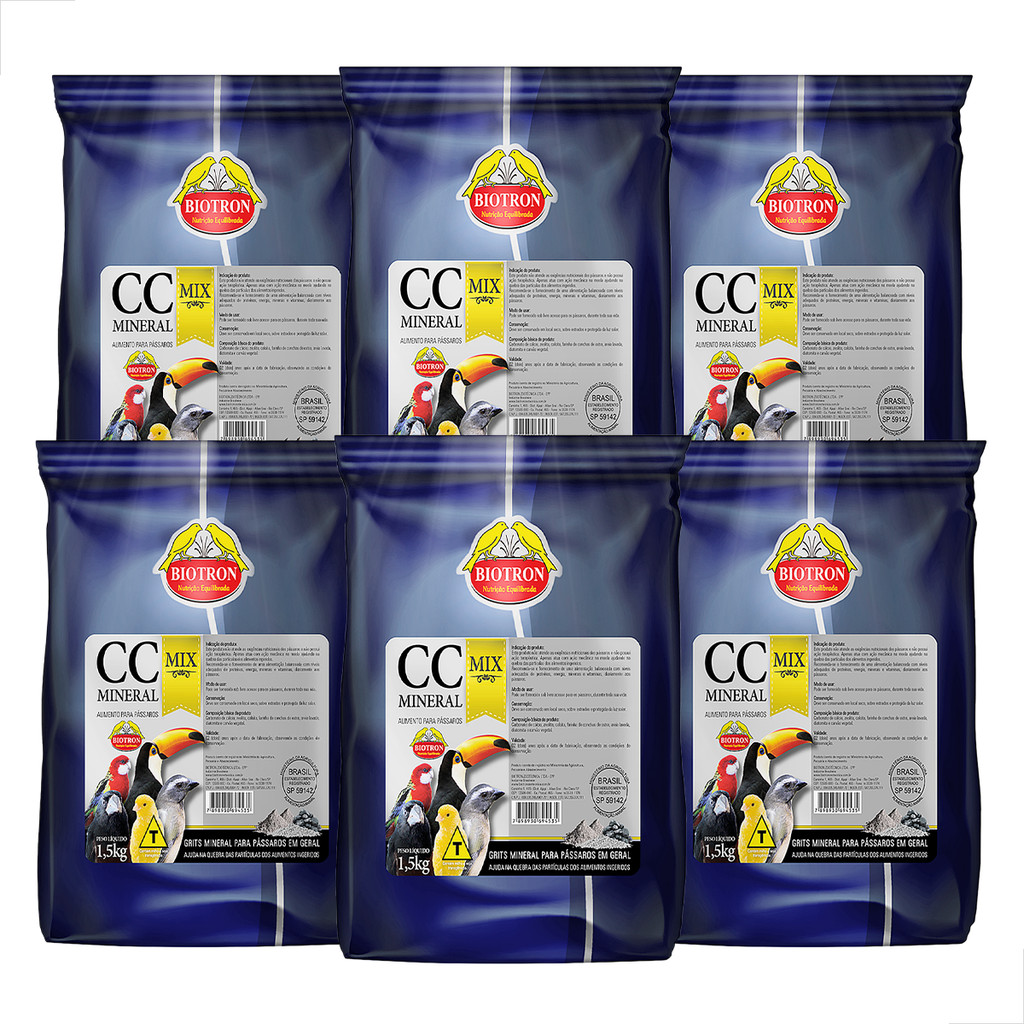 Kit 6 Alimento Pássaros Biotron CC Mineral Mix com Carvão 1,5kg Suplemento Cálcio Areia Lavada Conchas