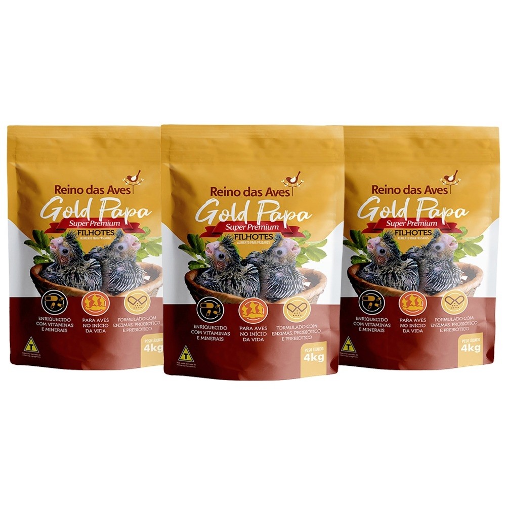 Kit 3 Papa Para Pássaros Filhotes Reino das Aves Gold 4kg Alimento Calopsita Papagaio Arara Curió Periquito Canário