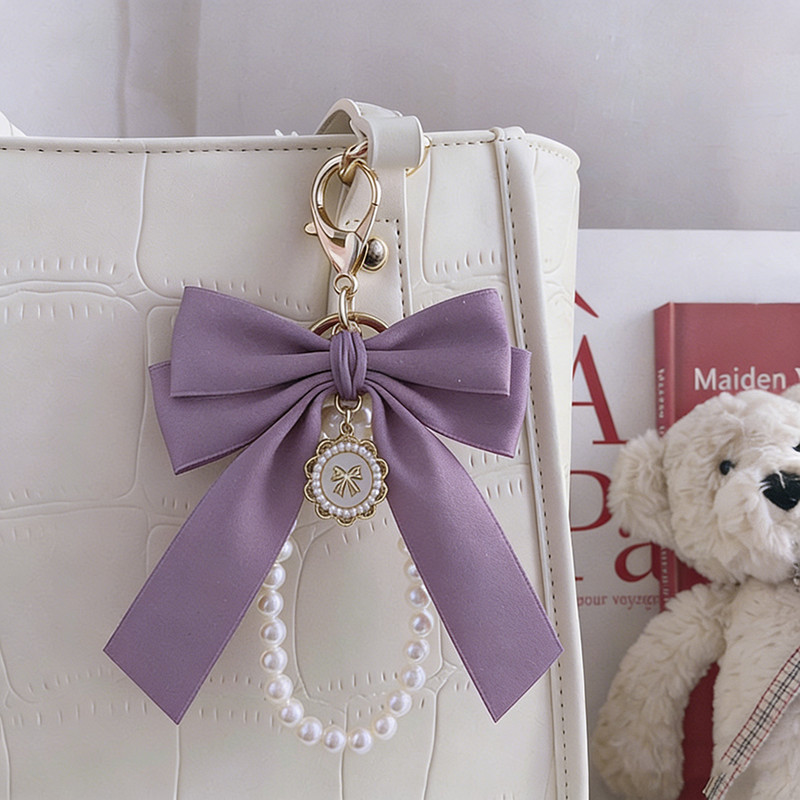 Bonito Roxo Arco Pérola Charme Chaveiro Fita Bolsa Pingente Ornamento Presente Para Meninas Mulheres Pequena Decoração