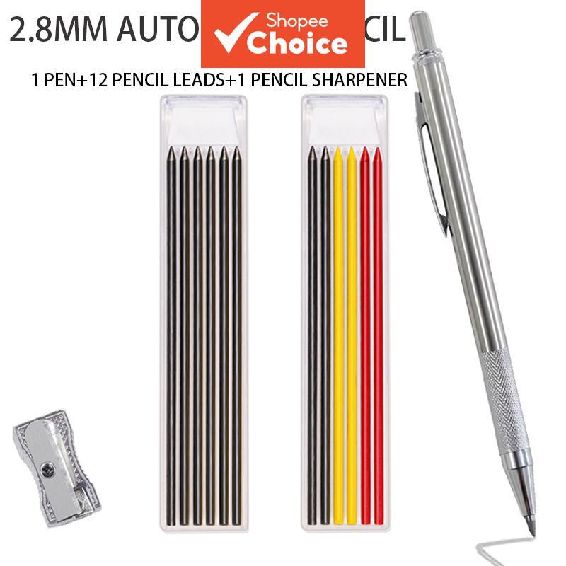 Conjunto de Lápis Mecânico de Metal de 2,8 mm com 12 Minas e Apontador, Suporte de Minas Resistente para Esboço,