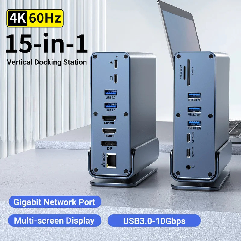 Estação de Acoplamento USB-C 15 em 1, Hub Vertical 4K HD com Suporte para Três M