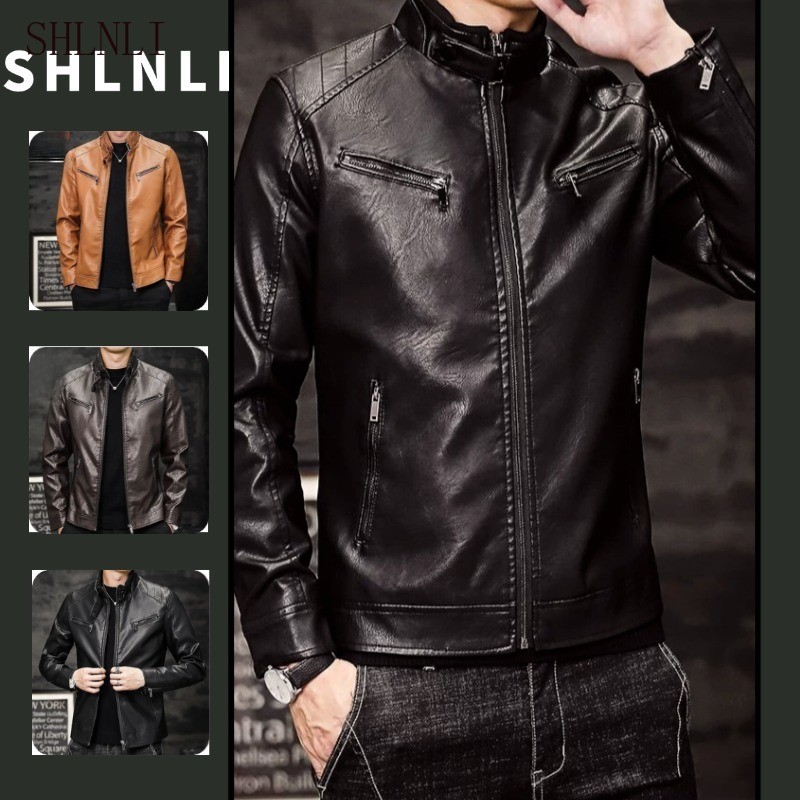 Jaqueta Masculina De Couro Sintético Com Gola Alta E Bolso Zíper , Casaco Externo Para Motociclista
