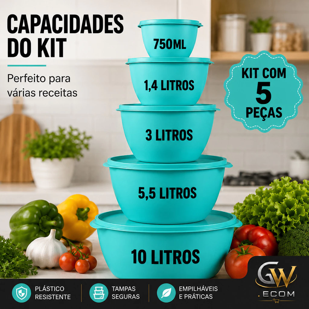 Kit Bowl 5 Peças Com Tampa Bacia Plástica Saladeira Grande Cozinha 10 litros TAPOER GRANDE