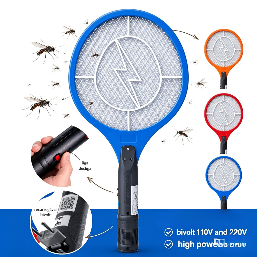 Raquete Elétrica Mata Mosquitos Bivolt 110 e 220 Recarregável Alta Potência Colorida