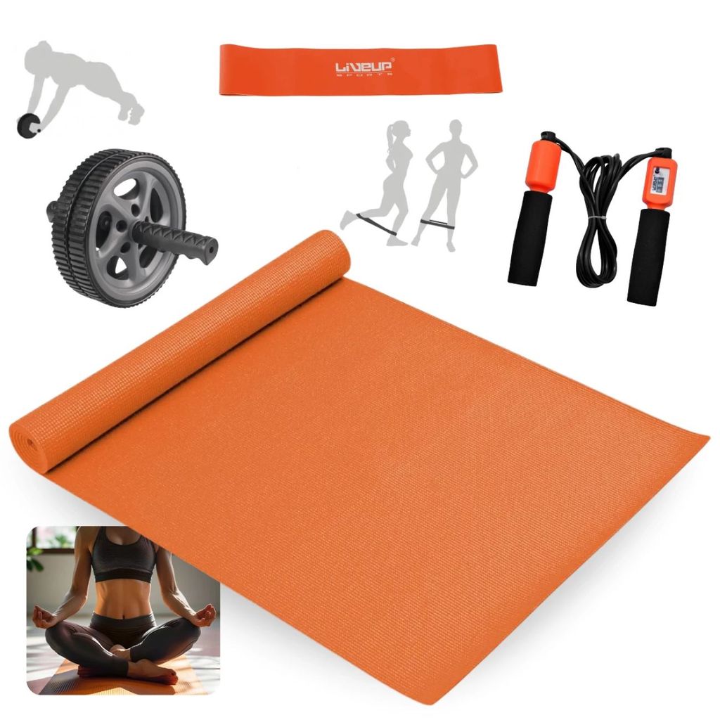 Kit Treino Funcional com Colchonete Eva 1,73m + Roda Abdominal + Corda com Rolamento e Mini Band Elástica Leve