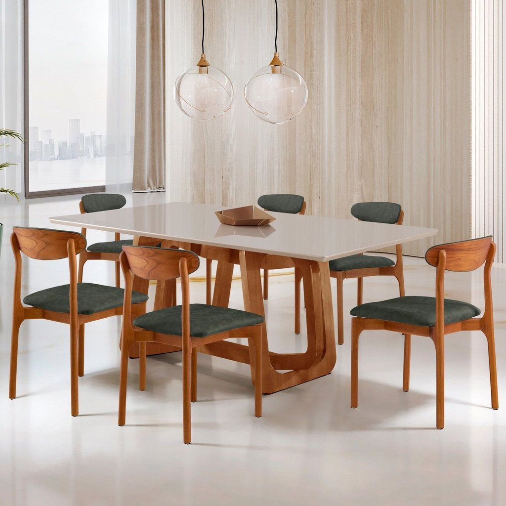 Conjunto Sala de Jantar Mesa Madeira Maciça Genova 6 Cadeiras Monaco Jade Cinamomo Imbuia Off White