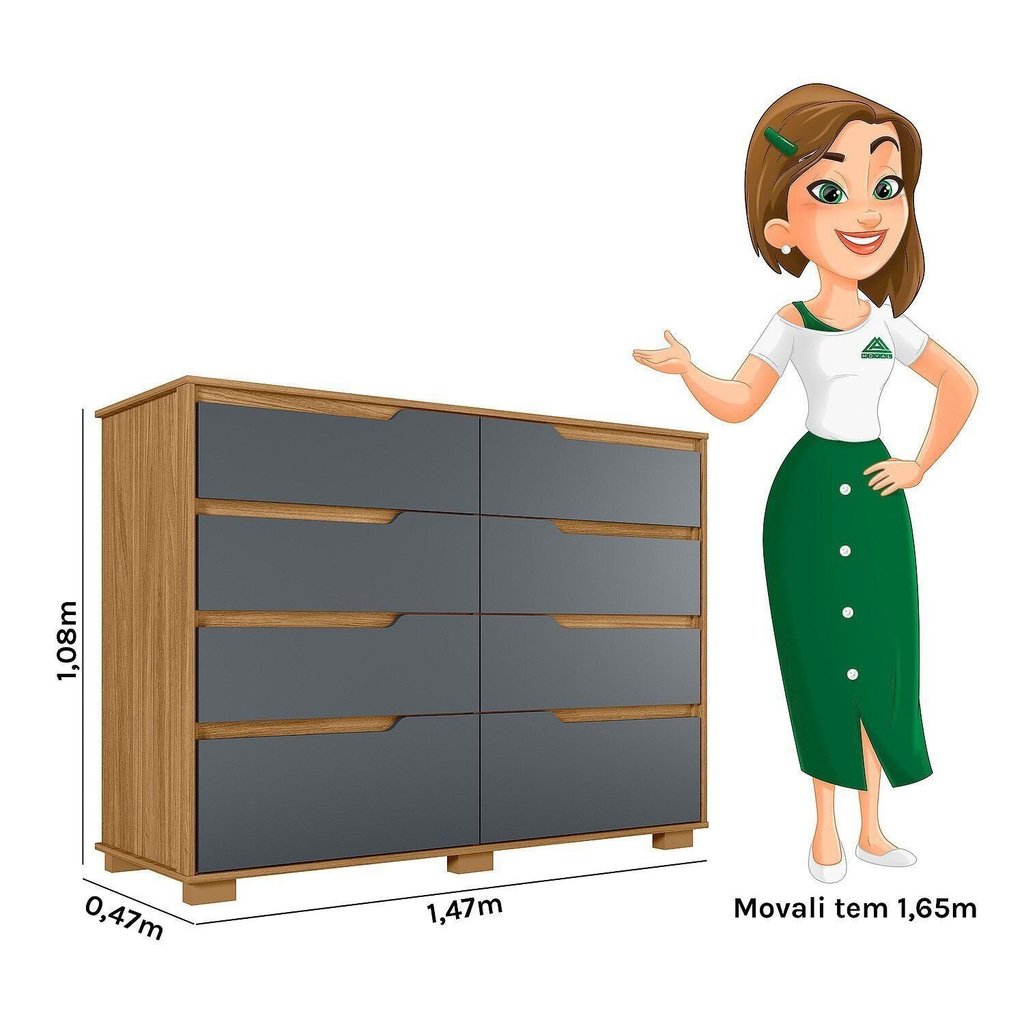 Cômoda para Quarto 8 Gavetas 147cm Georgia Marrom/Freijó/Cinza Freijó/Cinza