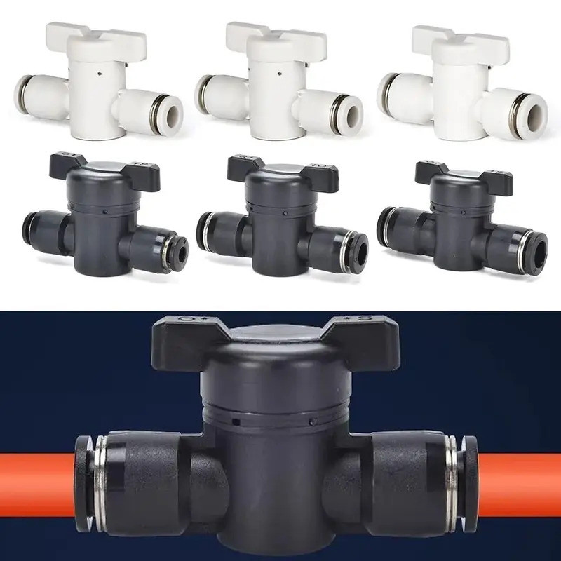 Válvula Manual Pneumática de Plástico 4mm 6mm 8mm Preta com Conector de Engate Rápido para Acionamento por Pressão, Válv