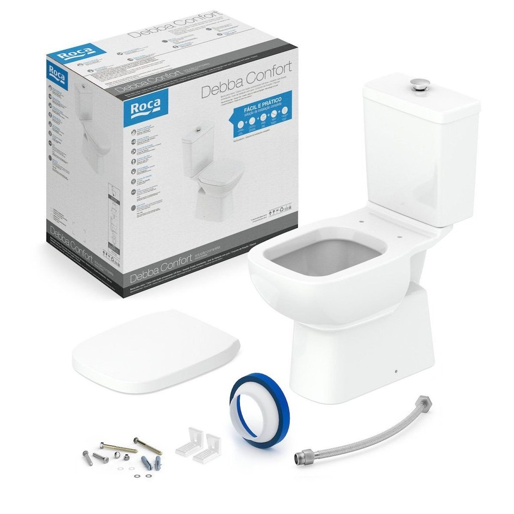 Kit de Bacia com Caixa Acoplada com Botão Elevado com Assento PP e Itens de Instalação Debba Confort Branco Roca