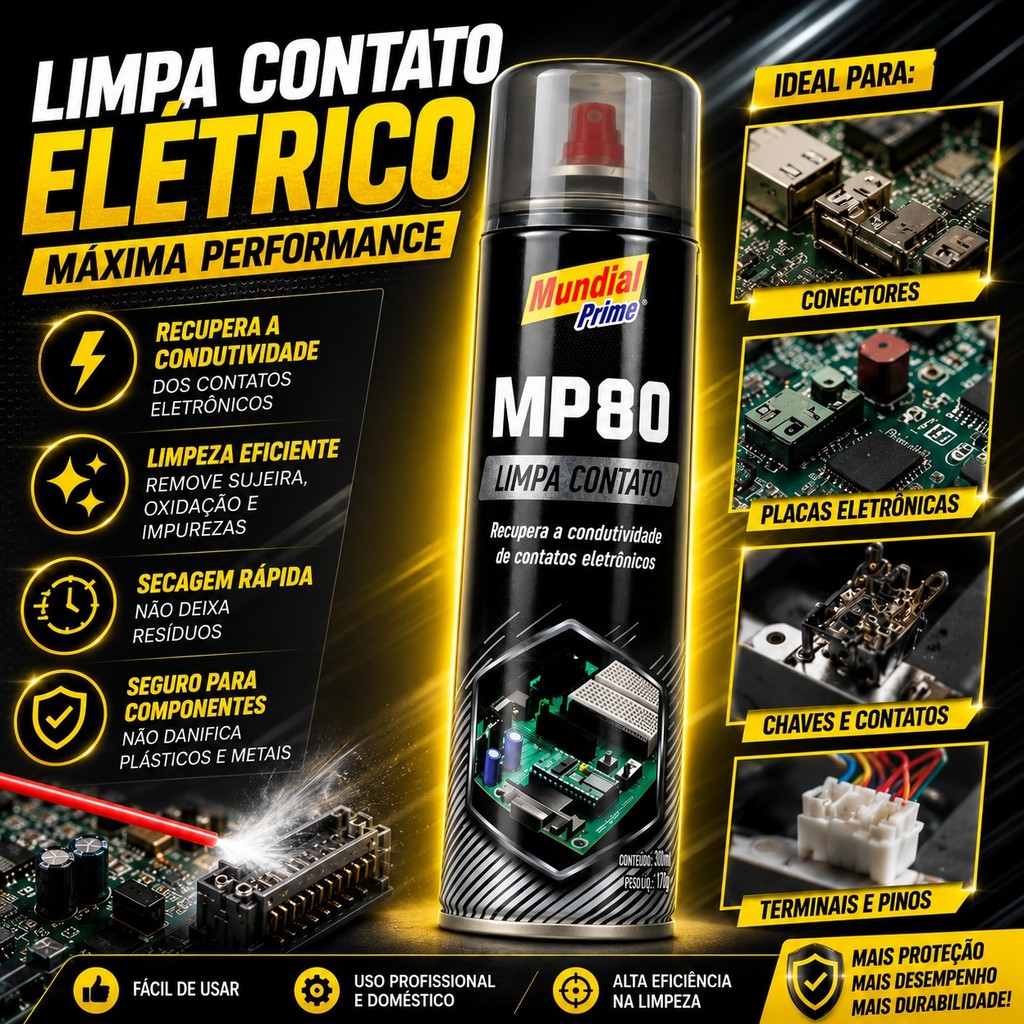 Limpa Contato Spray MP80 300ml Mundial Prime – Limpeza de Circuitos e Componentes Eletrônicos