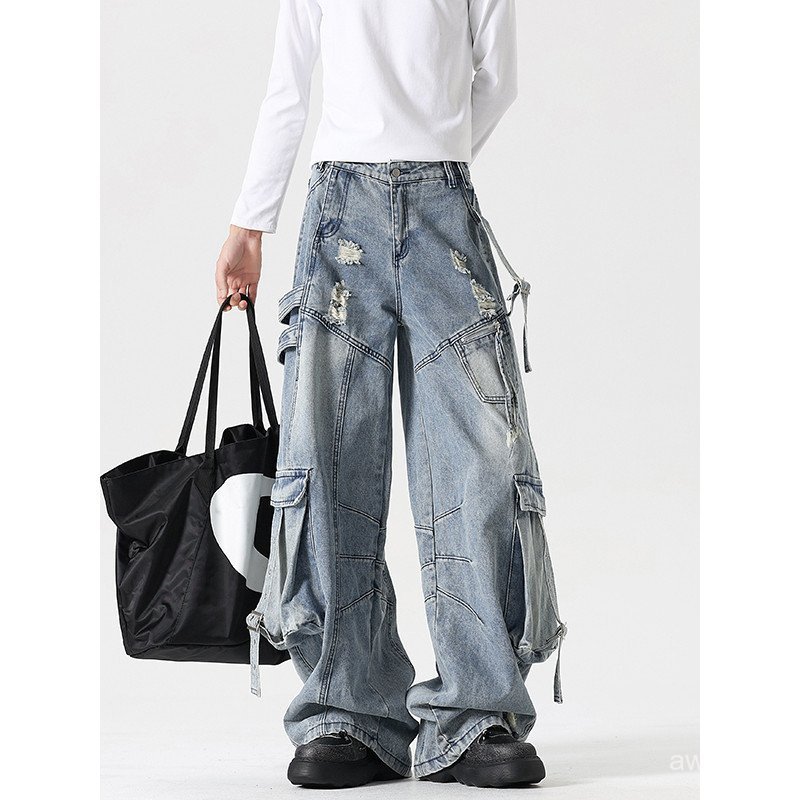 Indústria pesada Multi-bolso rasgado Jeans masculino feminino outono rua Wear calças retas Machete americano High street