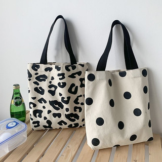 Mini bolsa de lona com bolinhas pretas e brancas, pequena bolsa quadrada para estudantes.