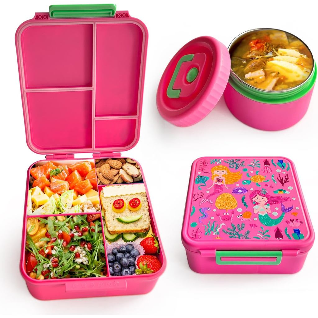 Lancheira Kidz Bento com Termo para Sopa, 4 Compartimentos, Recipientes à Prova de Vazamentos, Pote Térmico para Aliment