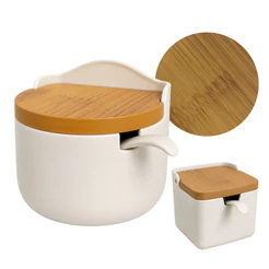 Saleiro Decorativo para Cozinha com Colher e Tampa Estilo Bambu
