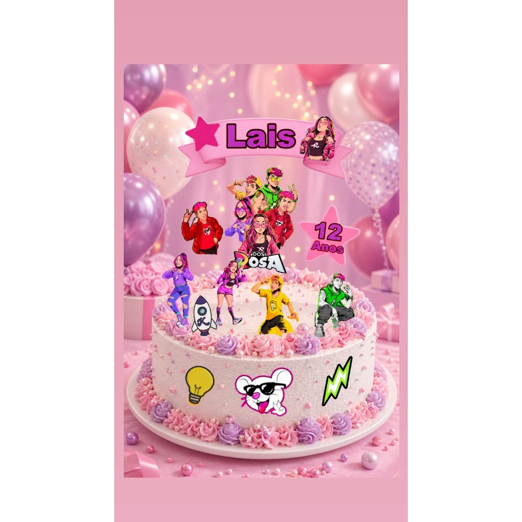 Topo de bolo Topper dos Rosa Personalizado com nome e idade Emilly vick
