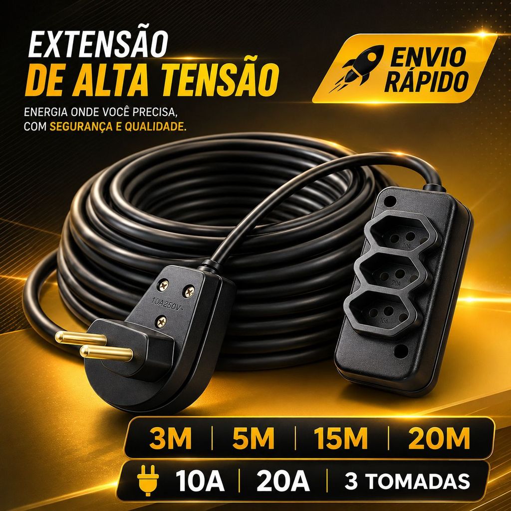 Extensão Elétrica CABO PP 2x2.5mm 20A/10A Resistente -3/ 5/15/20/25/30 (METROS)