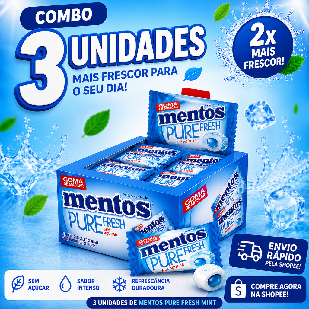 Kit 3 Chiclete Mentos Monopeça Pure Fresh Mint Com 60 Peças/cada