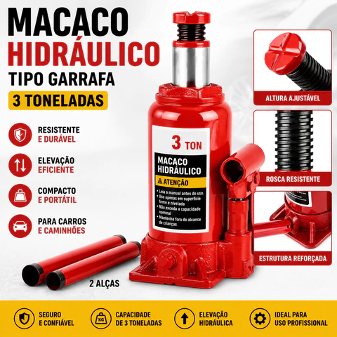 Macaco Hidráulico Garrafa 2T 3T Automotivo Para Carro E Caminhão - Ferramenta De Elevação