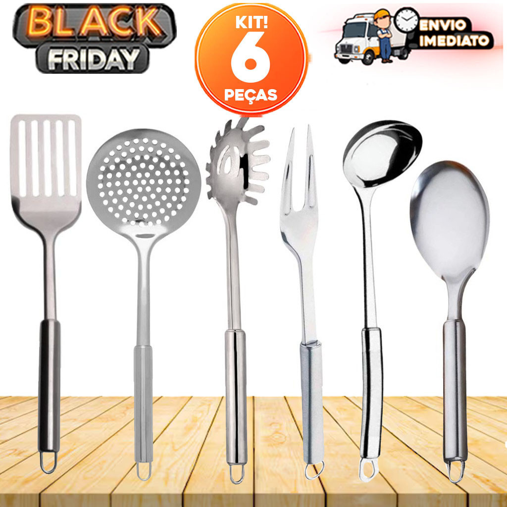 Jogo 6 Utensílios de Cozinha Inox – Espátula, Escumadeira, Pegador de Massa, Garfo Trinchante, Concha e Colher de Servir