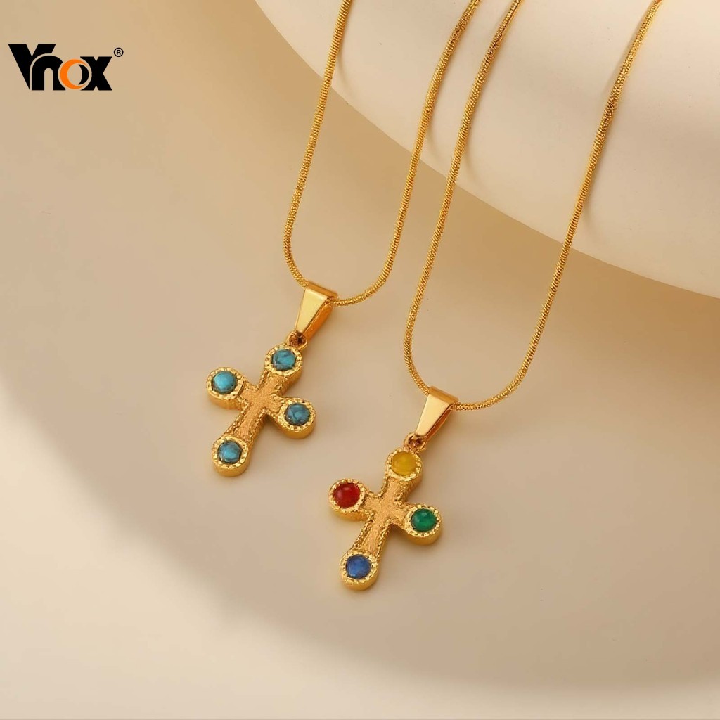 Vnox Colorido Pedra Natural Jesus Cruz Pingente Colar Feminino Aço Inoxidável Requintado Oração Fé Jóias em Oferta na Shopee