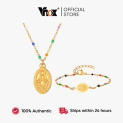 Vnox Colorido Frisado Virgem Maria Oval Marca Pingente Colar Pulseira Conjunto Para Mulheres , Ouro Aço Inoxidável À Pro