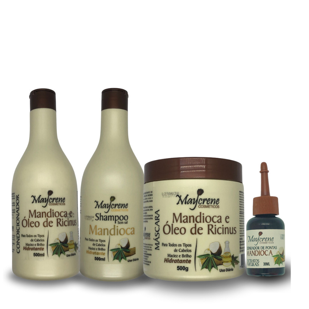 Kit Mandioca 3x500ml - 1 Shampoo + 1 Condicionador + 1 Máscara + 1 Reparador de Pontas - Nutri e Repara Fios em Oferta na Shopee