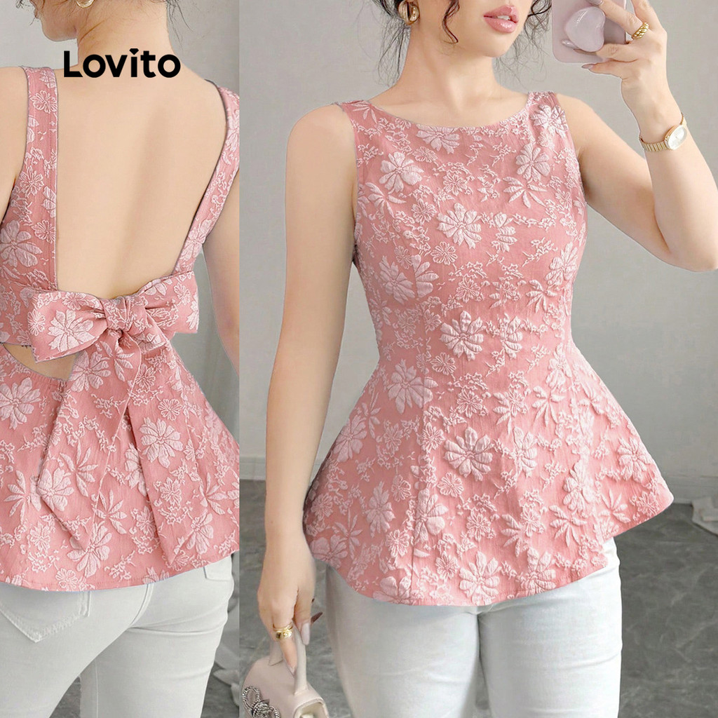 Lovito Blusa Elegante de Jacquard com Laço Nas Costas  Amarrada  de Primavera/verão  Rosa  para mulheres L143ED406 em Oferta na Shopee