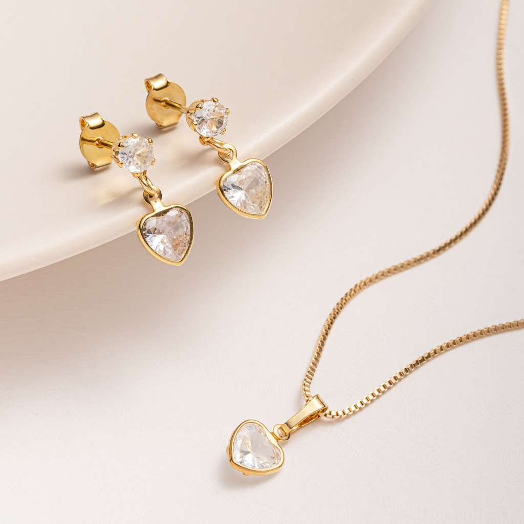 Conjunto Brinco e Colar Infantil Coração Zirconia Banhado Ouro 18K
