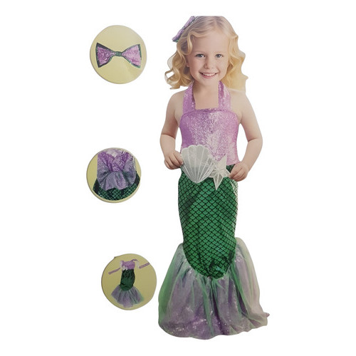 Fantasia Infantil Sereia Laço e Vestido Calda Ariel Roxo E Verde