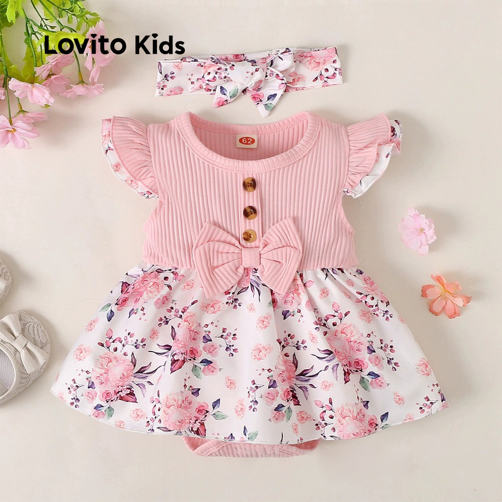 Lovito Kids Touca Fofa de Bodysuit com Botões Na Frente Laço para Todas As Estações Rosa para bebê LNL111178