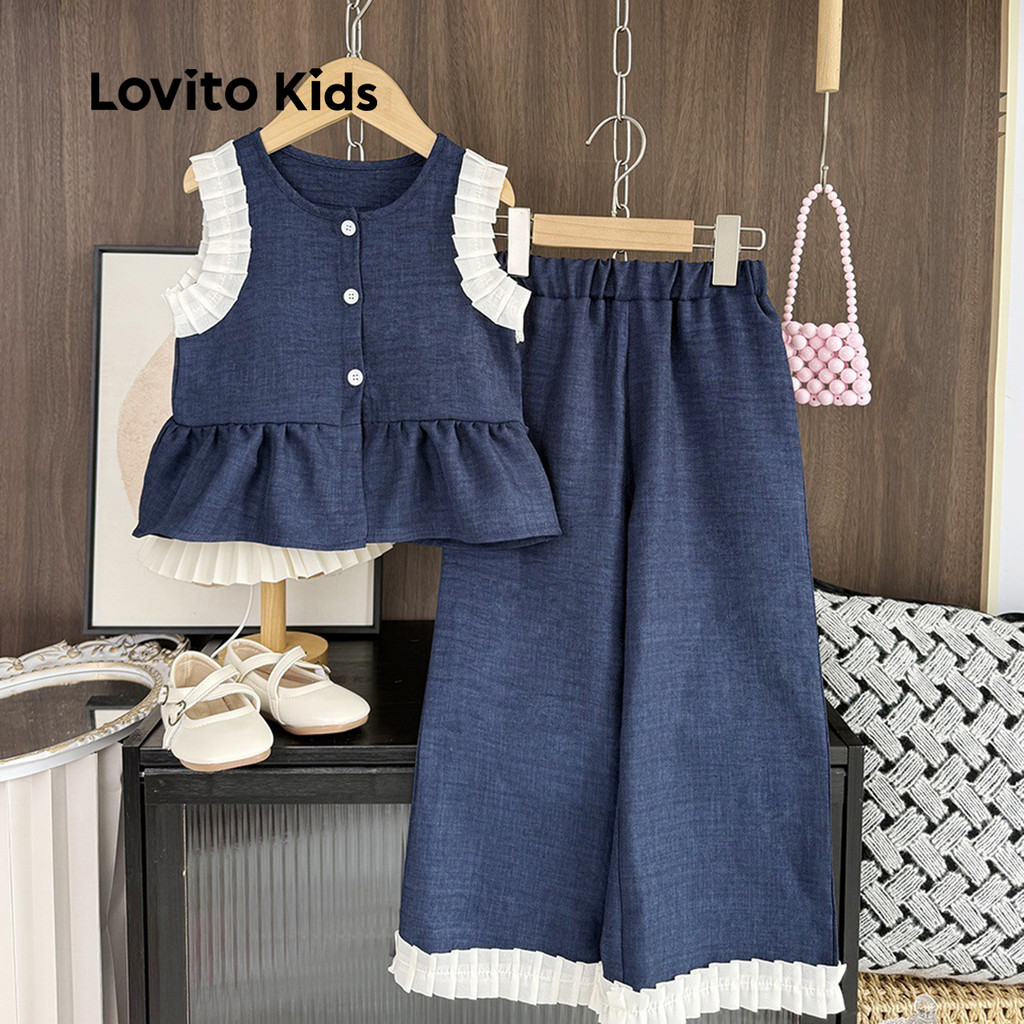 Lovito Kids Conjuntos de Calças Elegantes Alface em Acabamento Bloco de Cores Todas As Estações azul LNL111217 em Oferta na Shopee