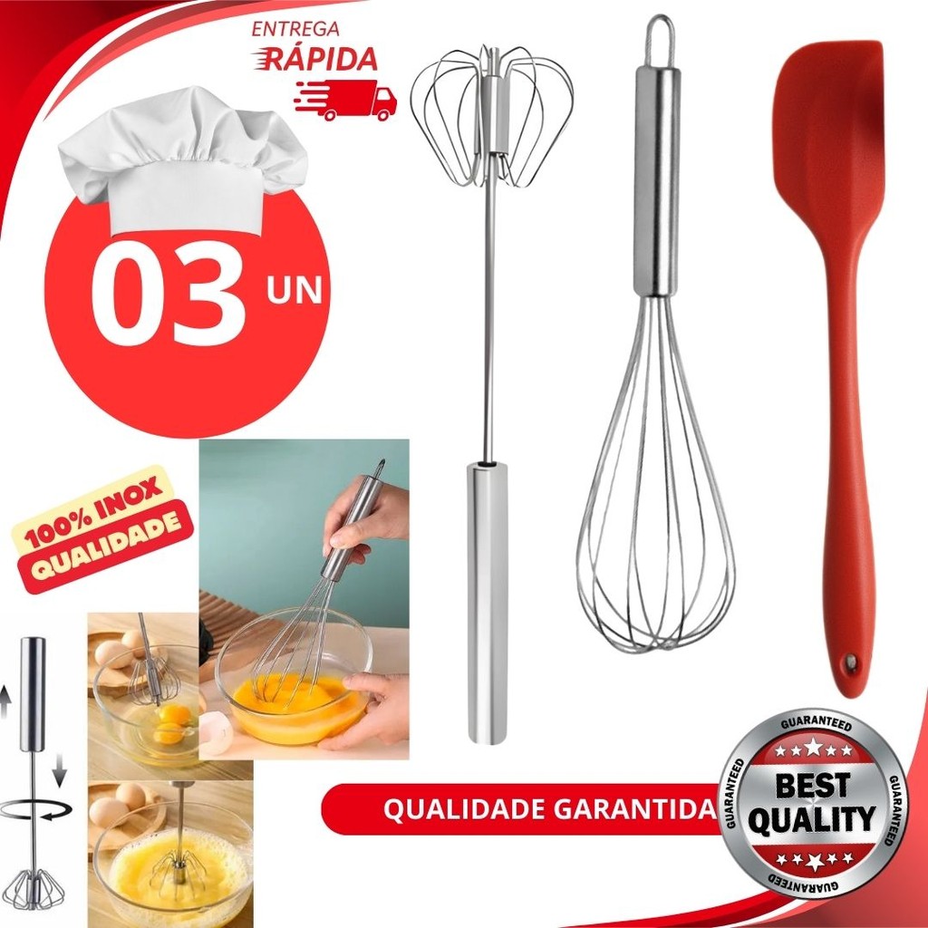 Jogo 3 Peças Fuê Semi-Automático Original Batedor Fue Mixer para Creme Misturador Semi-Automático de inox Utensilio