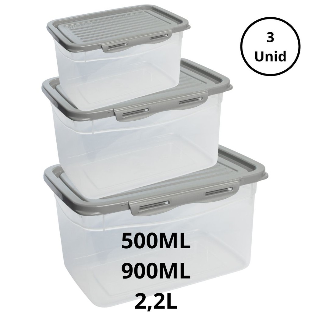 Kit 3 Potes Com Tampa e Trava Altos 500ML 900Ml e 2,2L Cinza em Oferta na Shopee