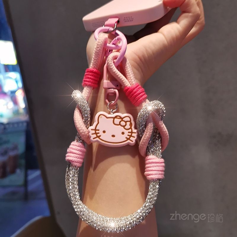 Venda quente Luz de luxo cheio de diamante brilhante cordão para celular pingente de gato trançado corrente de telefone
