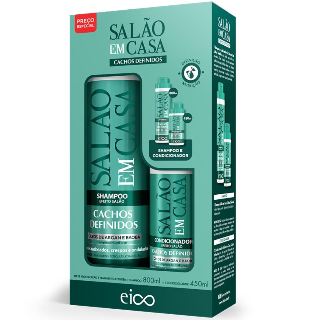 Eico Tratamento Salão Em Casa Cachos Definidos Shampoo Sem Sal 800ml Condicionador Leave-in 450ml em Oferta na Shopee