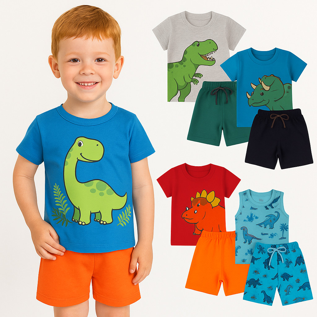 Kit Sortido 4 Peças de Roupas Infantil Menino - Kit 2 Camisetas + 2 Bermudas -2 Conjuntos de Roupa Infantil Menino Verão