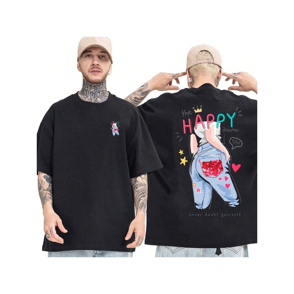 Camiseta OVERSIZED Preta StreetWear Gola em Ribanna Alta Plus Size Modelo: "HAPPY" ! !