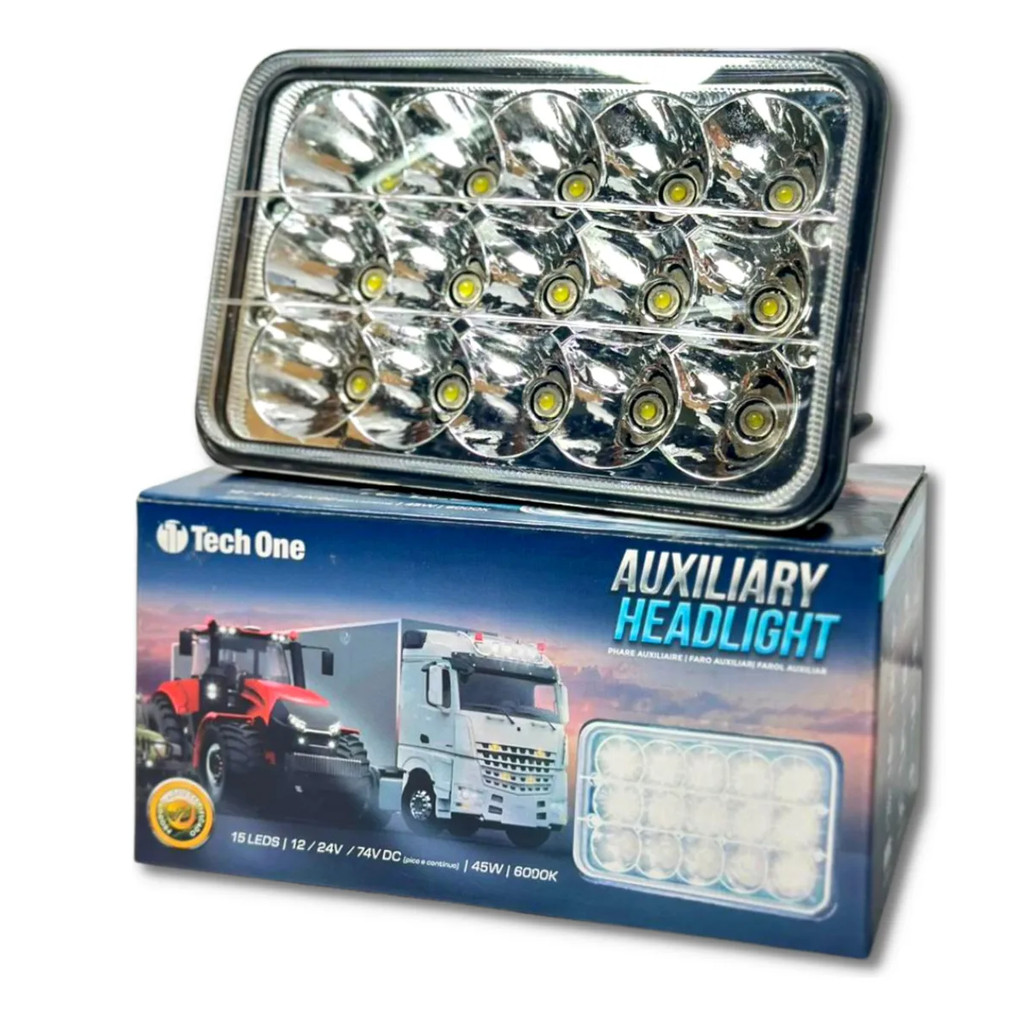 Farol Auxiliar de Led 12v24v 6000k 45w 15 Leds Retangular T1