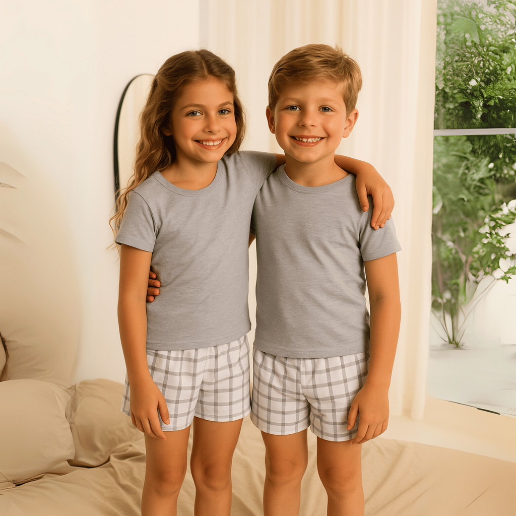 Pijama Infantil Menino Menina Criança Unissex Curto Verão Xadrez