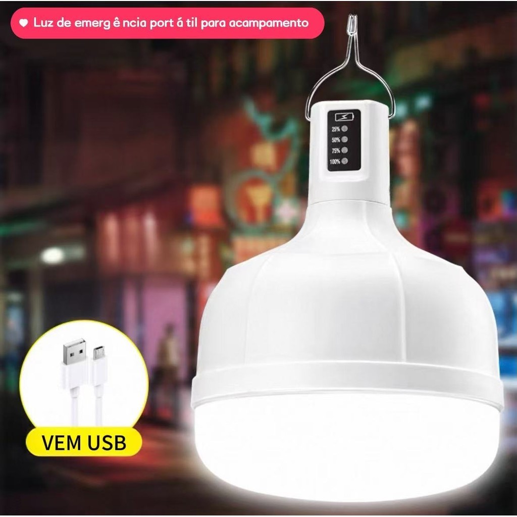 Lâmpada LED de Emergência Recarregável 48W – Bulbo Portátil para Casa, Viagem e Camping