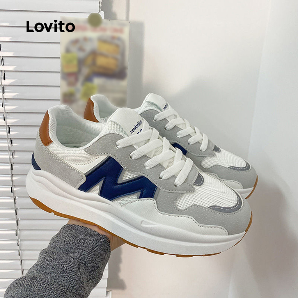 Detalhes do Lovito Tênis Esportivos Femininos com Sola Grossa Estilo Colorblock para Todas As Estações Azul LFA85058