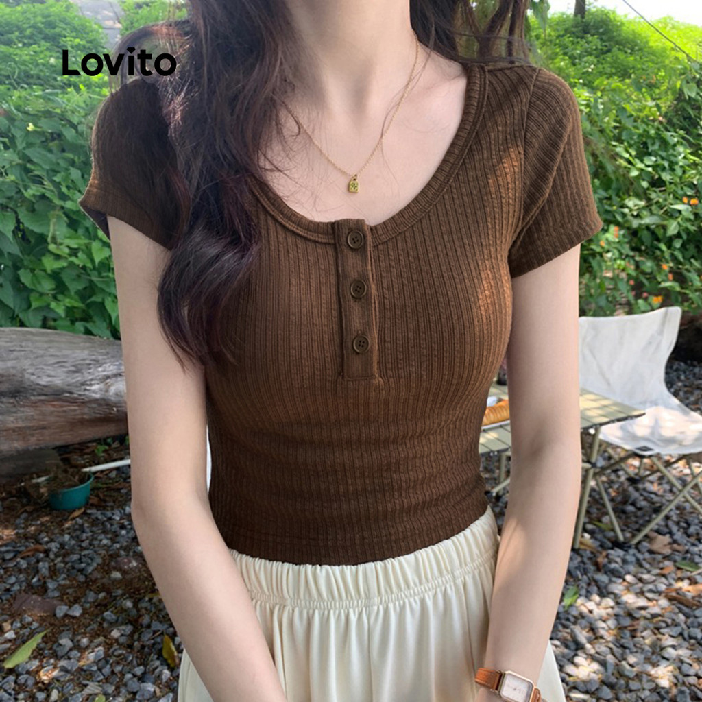 (NEW) Lovito Camisa Elegante com Botões Simples para Primavera/verão Marrom feminina L155ED1843