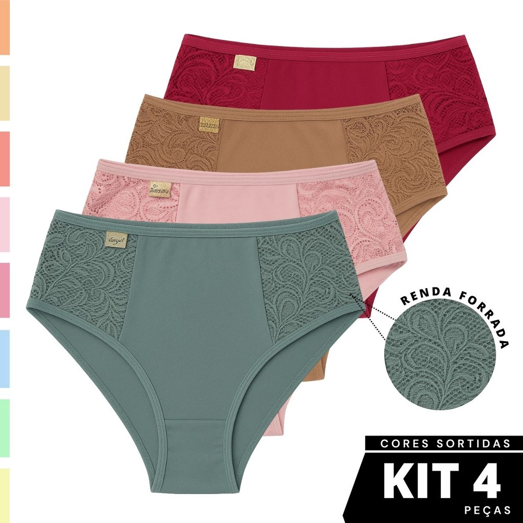 Kit 4 Calçola Senhora Calcinha Feminina Cós Alto Detalhe Renda Tangão Vera Confortável Cor Sortida em Oferta na Shopee