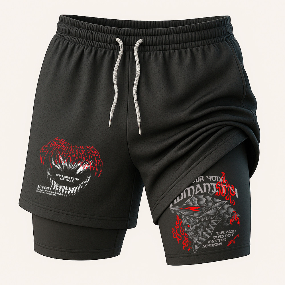 Short 2 em 1 e Camiseta Short Compressao Fitness Berserk Guts Fox Sacrifice Anime Gym Treino-Darknez